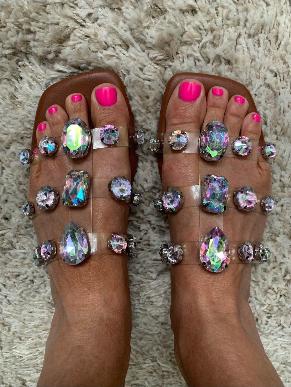 Nanette Lepore Seana Iridescent Jeweled Clear-Strap Sandals with Brown Footbed
